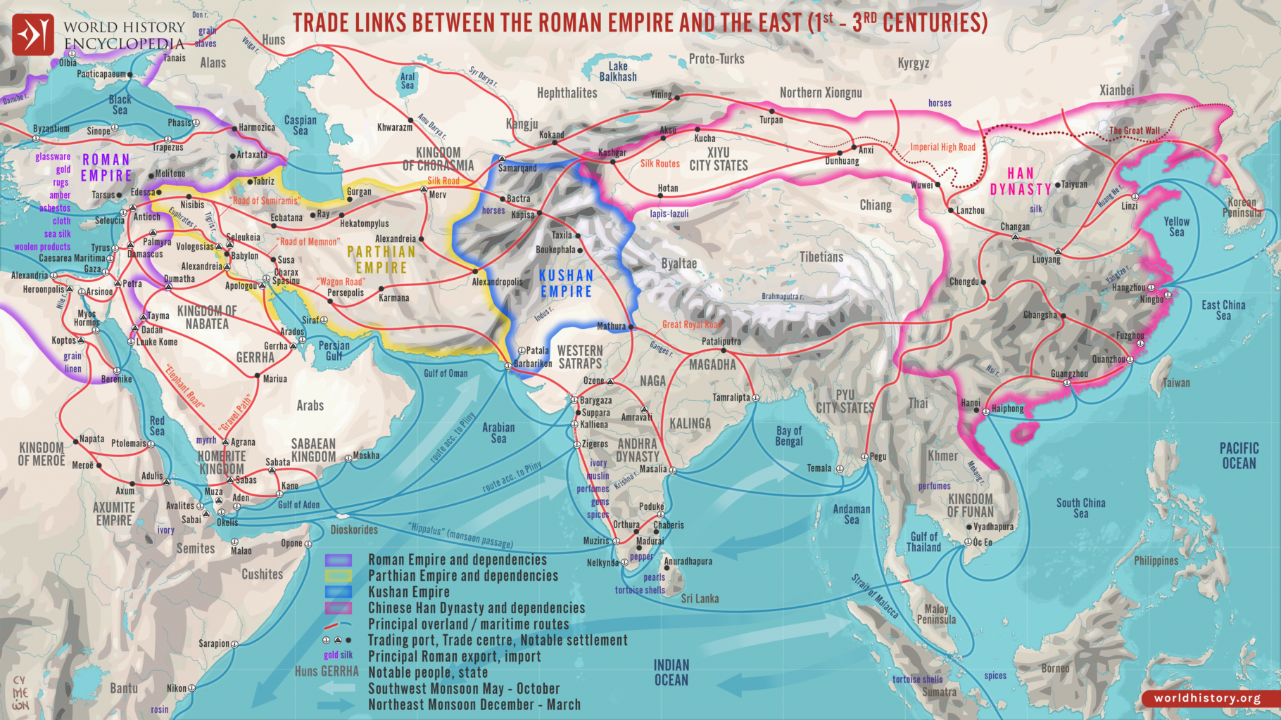 la mappa di via della seta le rotte terrestri e marittime impero romano e cina