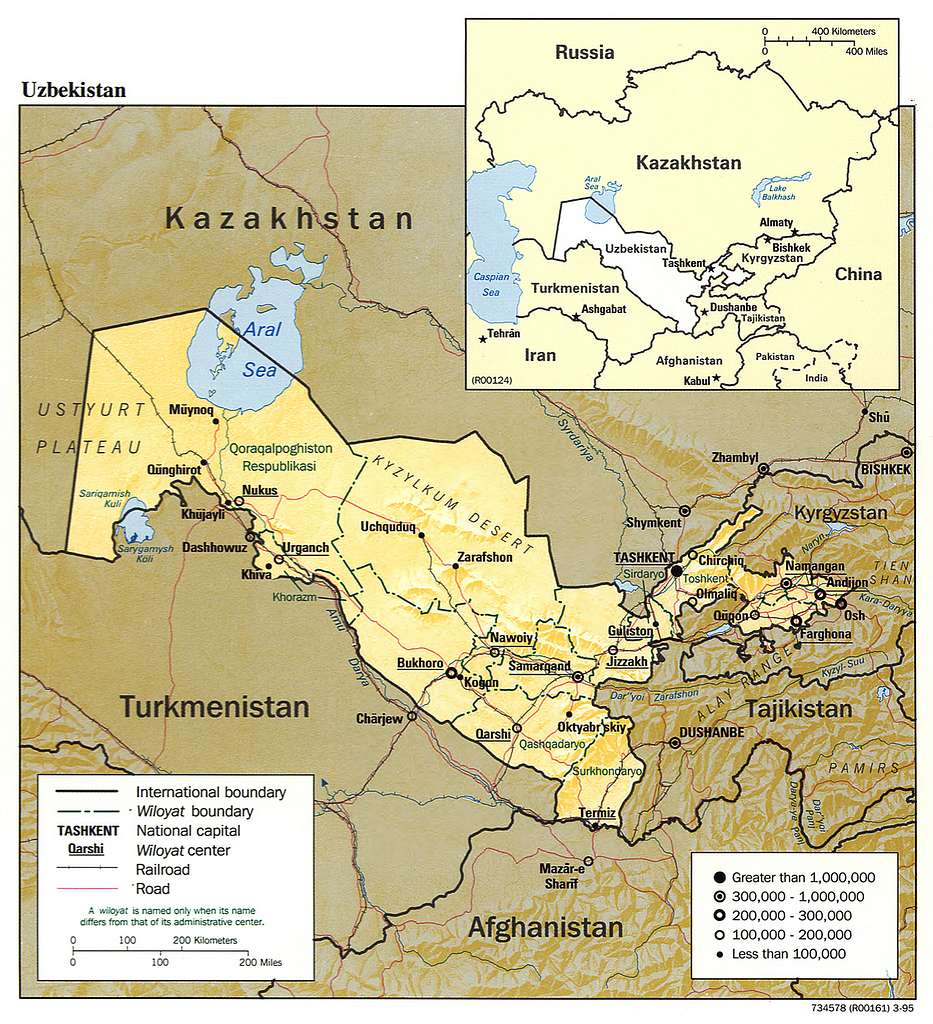 la mappa geografica dell’Uzbekistan con confini e città